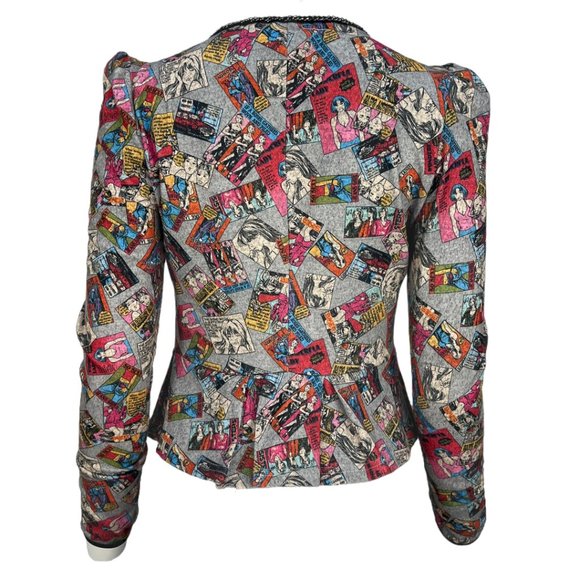 RARE/HTF Comic Print Y Apparel USA puff shoulder Zip Up Peplum Cardigan Sz Md - Picture 9 of 15